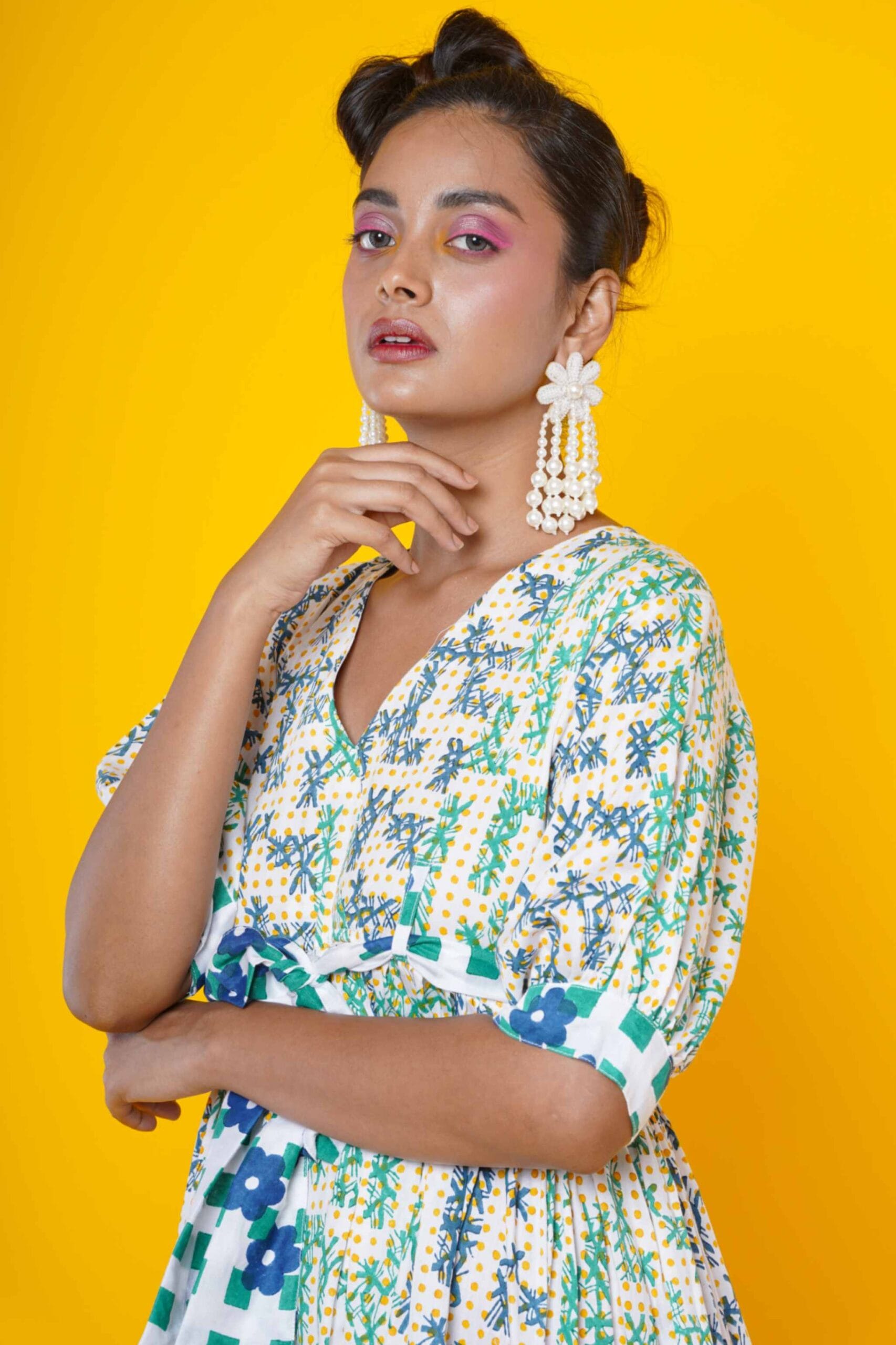 Women Block Printed Cotton Midi Dress