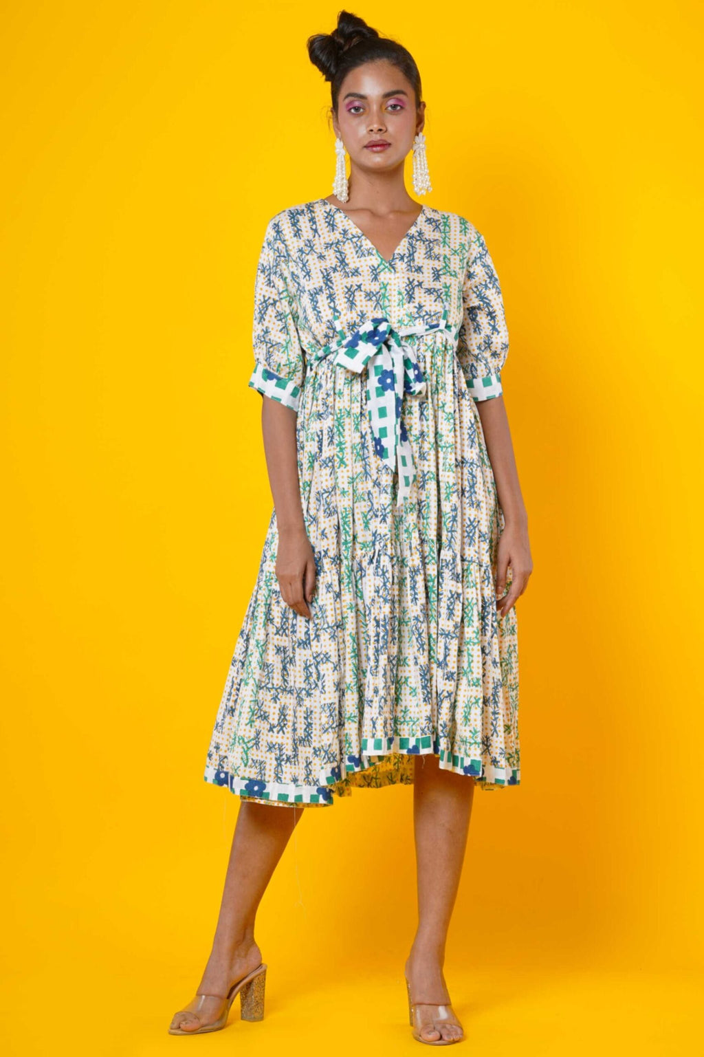 Women Block Printed Cotton Midi Dress