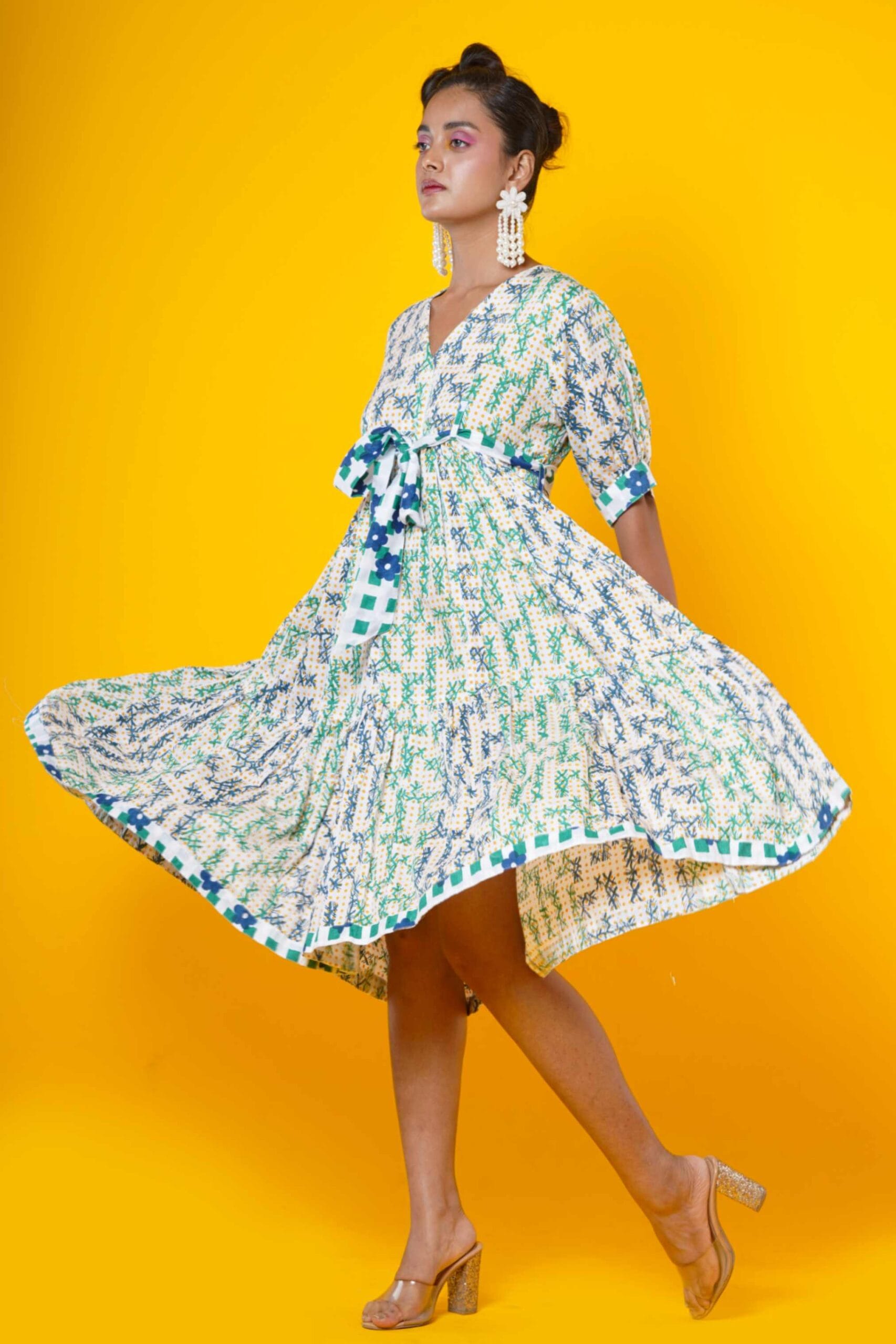 Women Block Printed Cotton Midi Dress