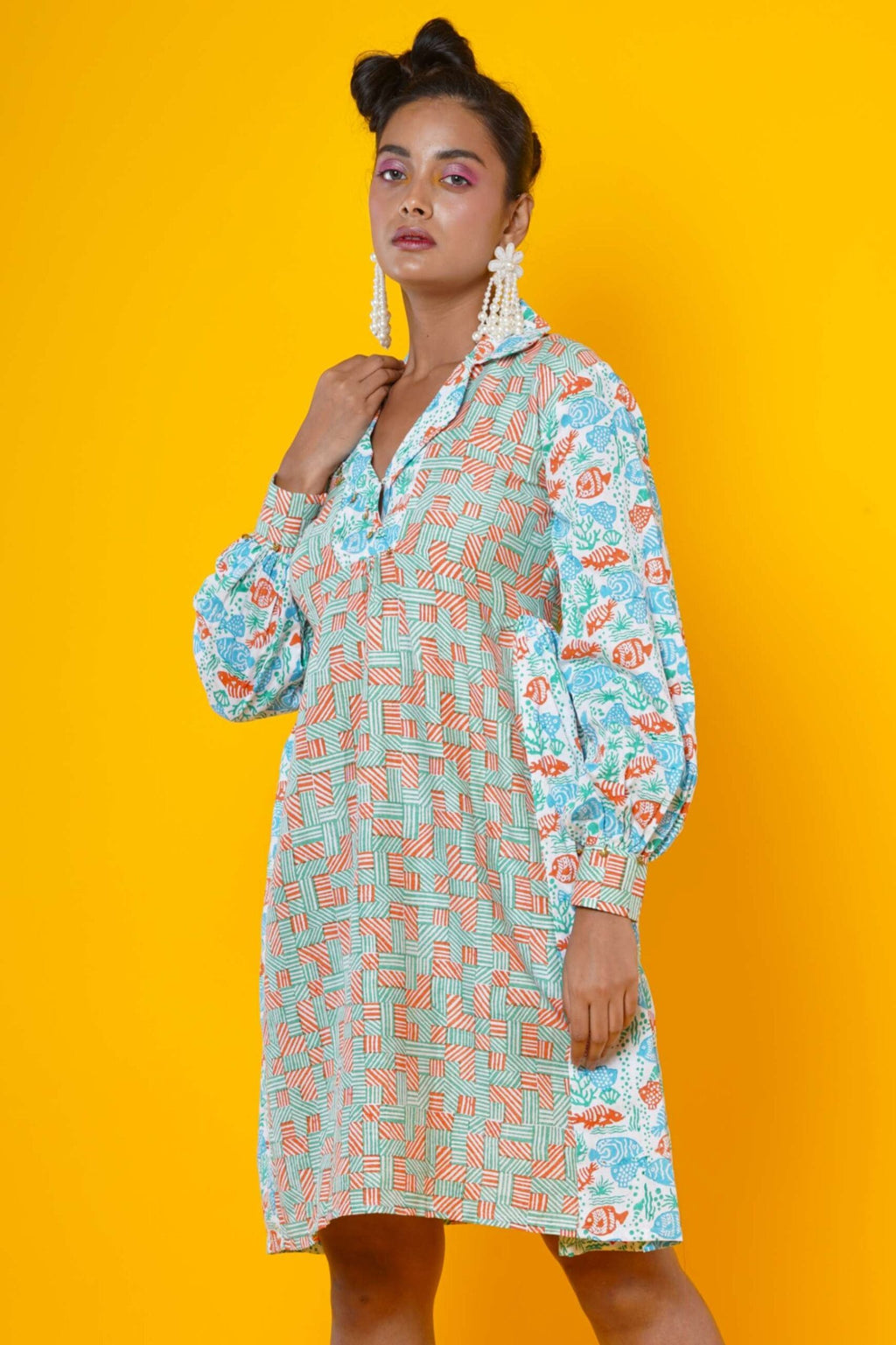 Women Block  Printed  Cotton Midi Dress In Orange And Sky