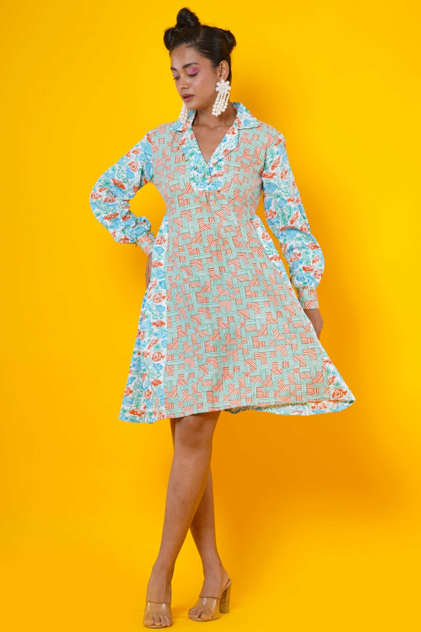 Women Block  Printed  Cotton Midi Dress In Orange And Sky