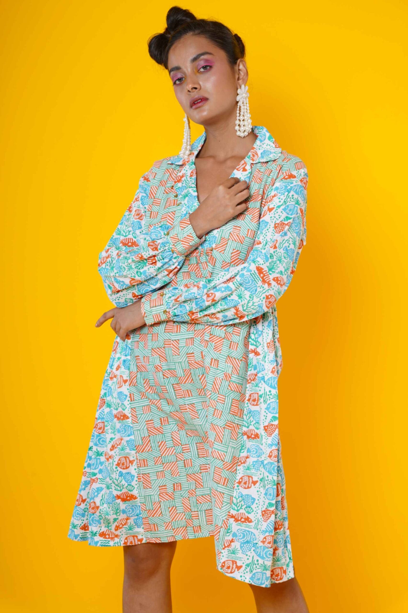 Women Block  Printed  Cotton Midi Dress In Orange And Sky