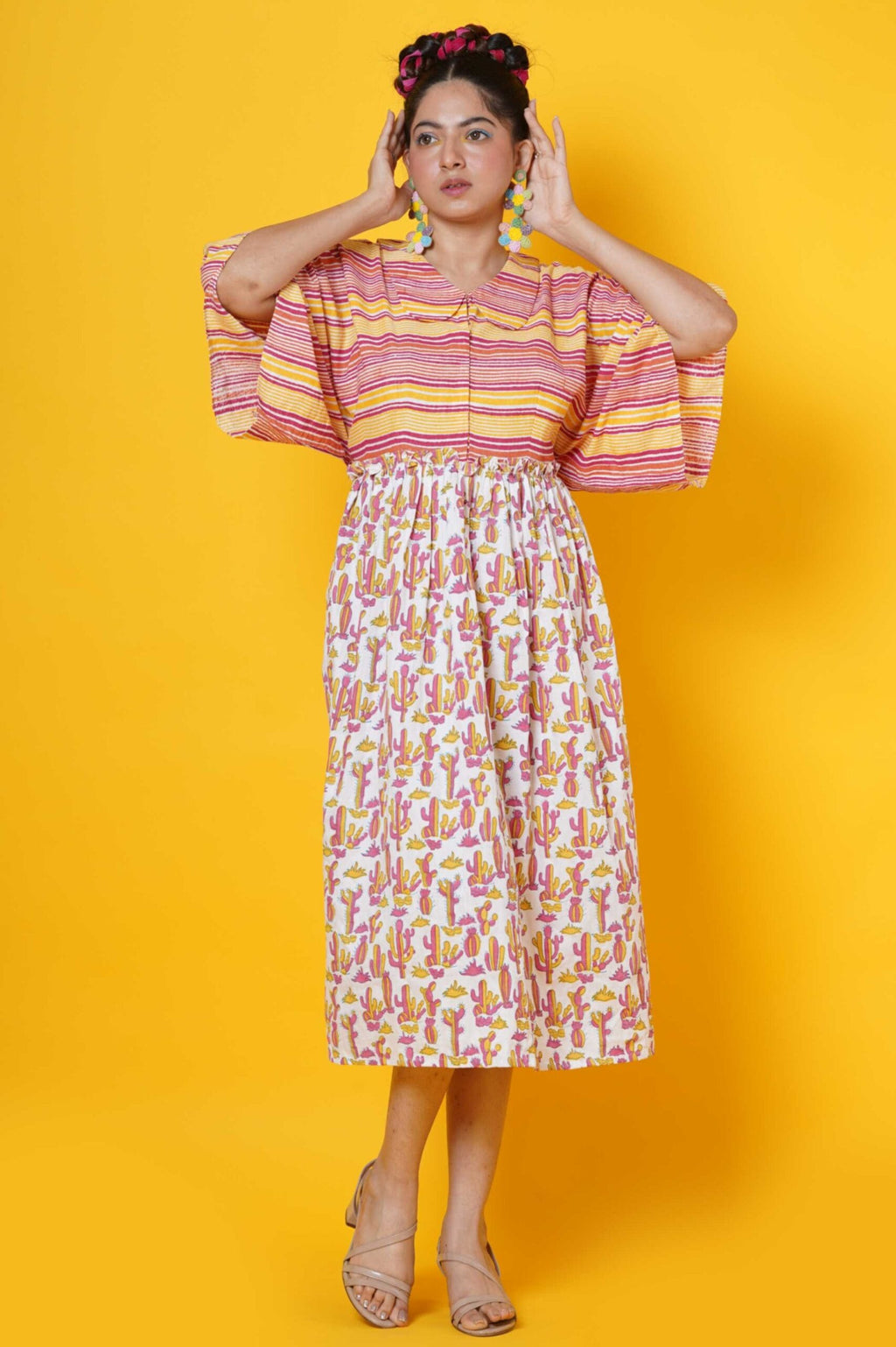 Women Block Printed Midi Dress With Cactus Motifs