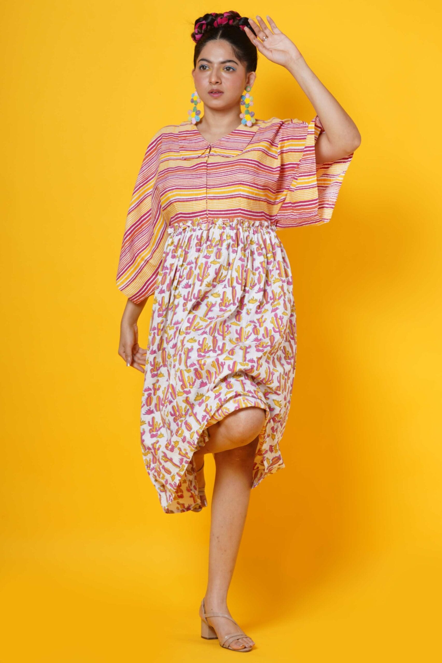 Women Block Printed Midi Dress With Cactus Motifs