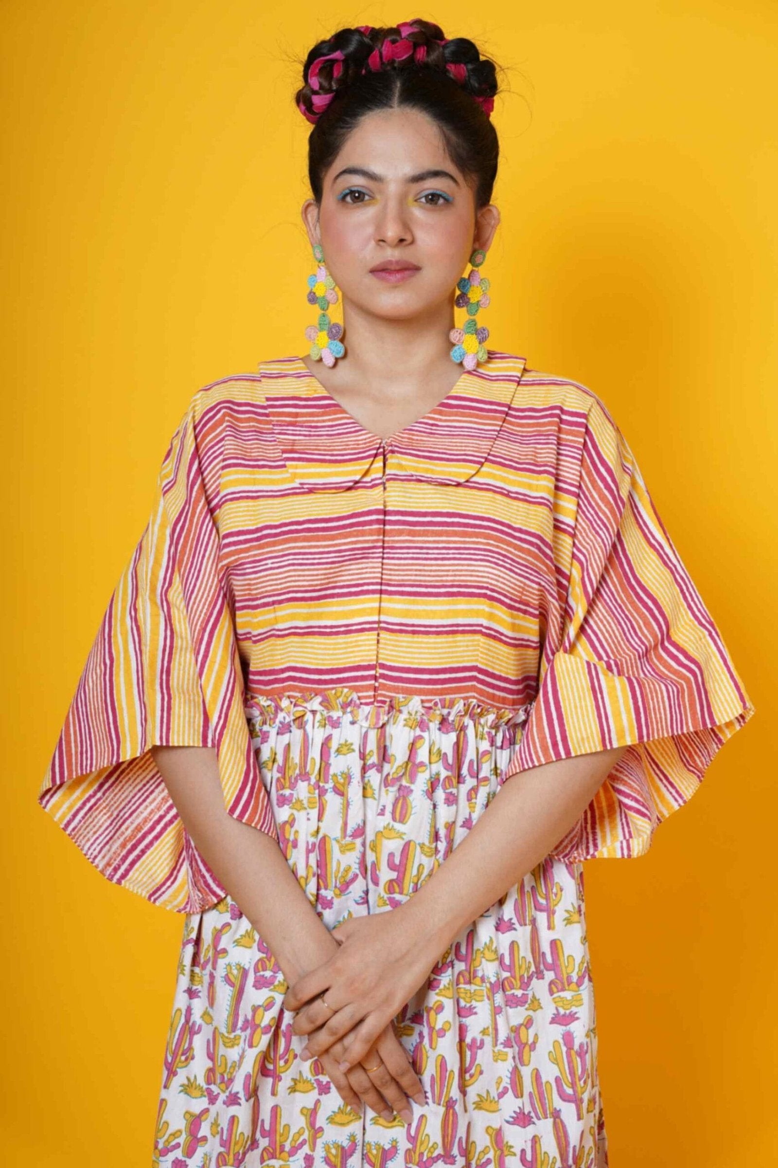 Women Block Printed Midi Dress With Cactus Motifs