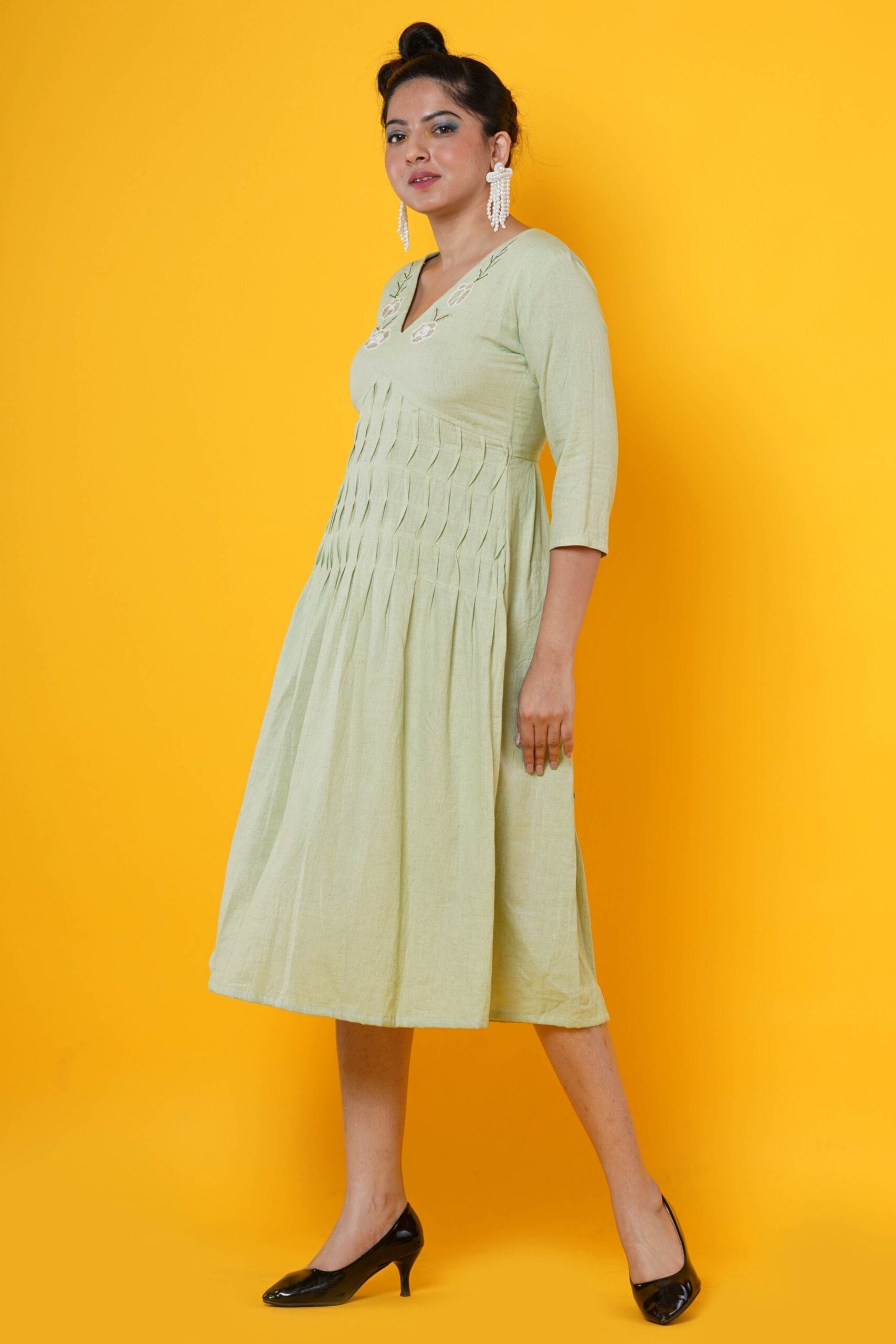 Women Hand Embroidered Cotton Midi Dress With Pintucks Detailing