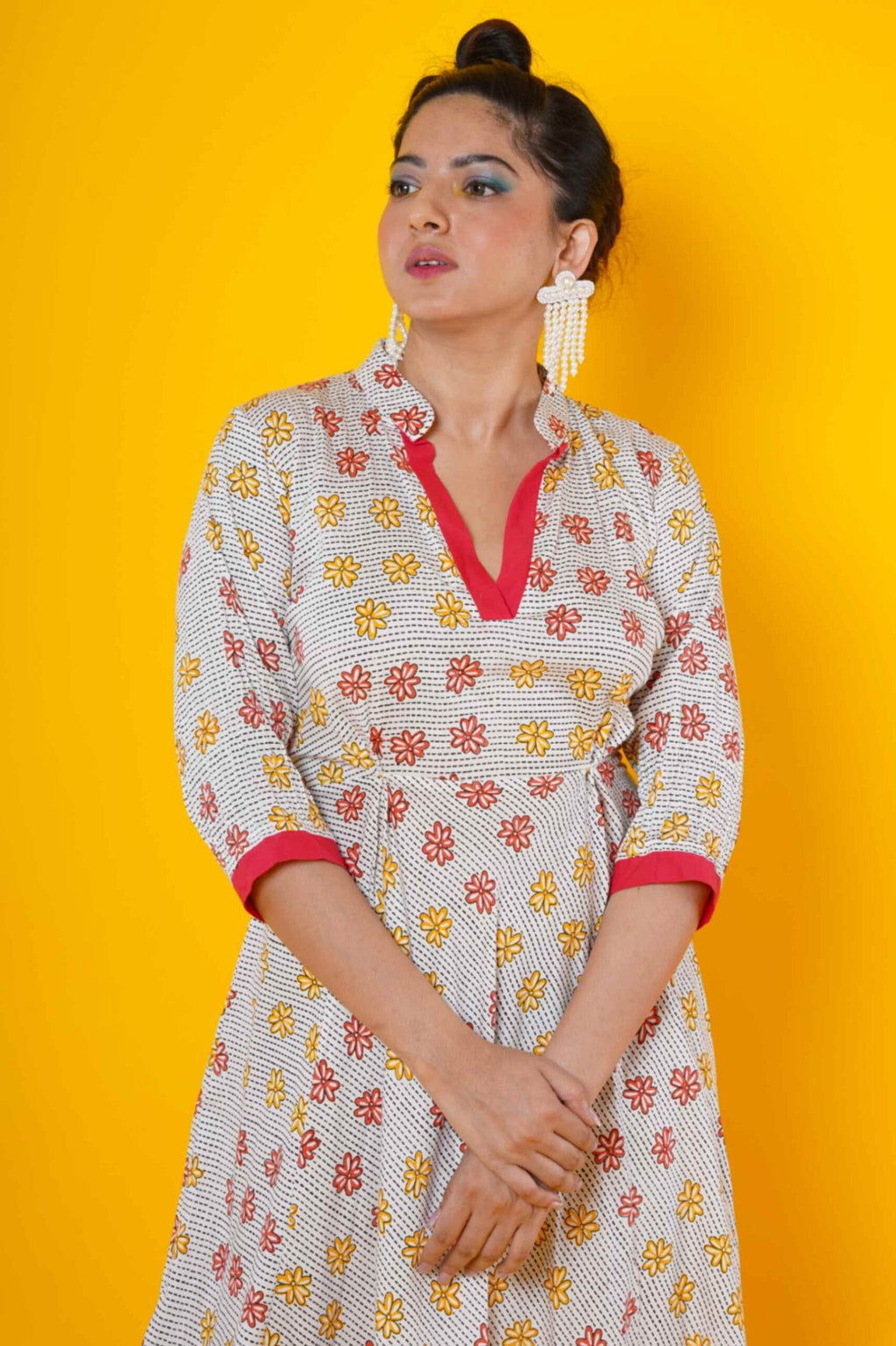 Women Block Printed Cotton Midi Dress In Fuchsia And Yellow