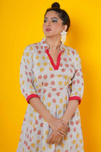 Women Block Printed Cotton Midi Dress In Fuchsia And Yellow