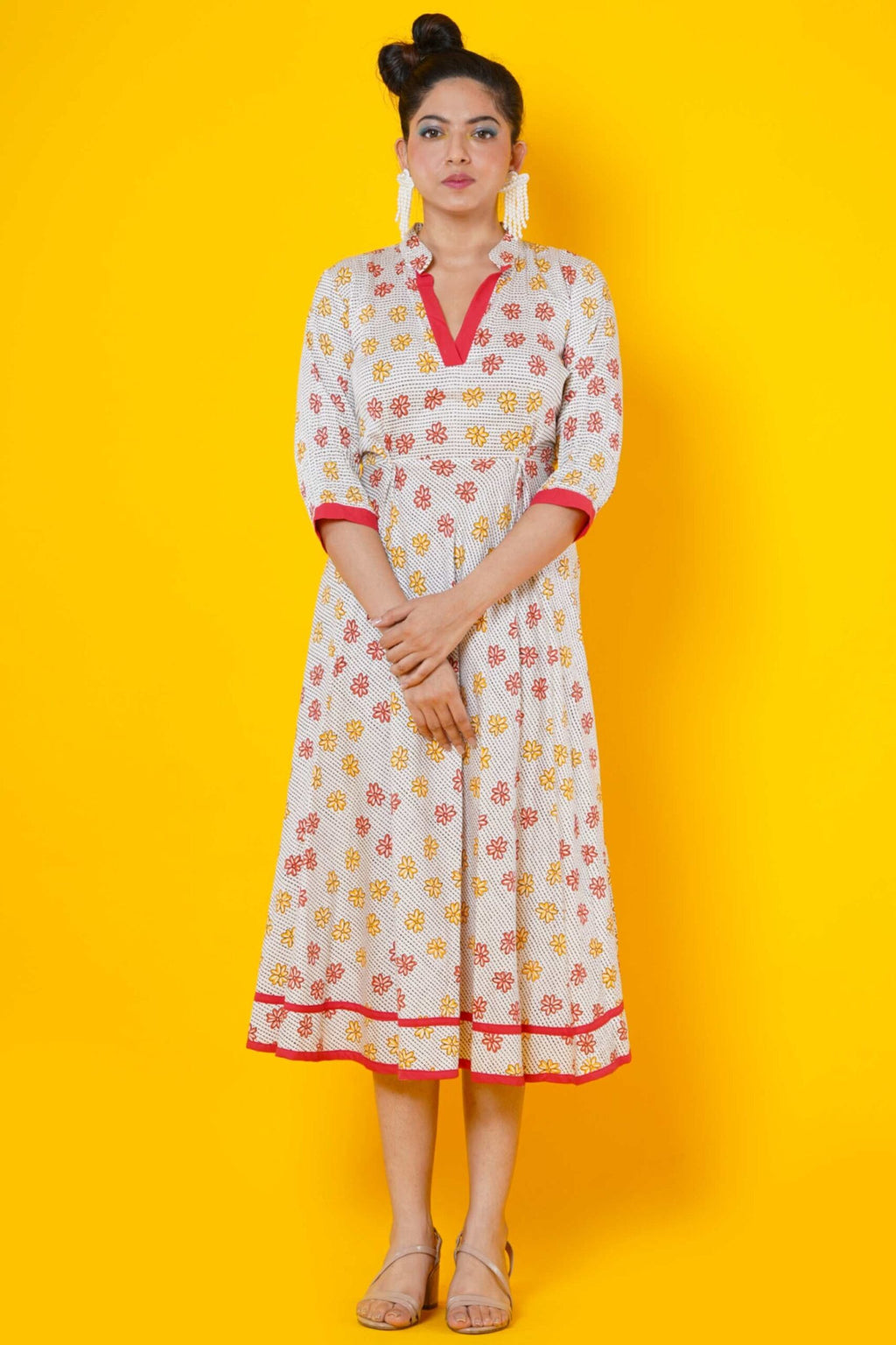 Women Block Printed Cotton Midi Dress In Fuchsia And Yellow