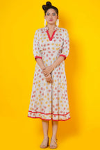 Women Block Printed Cotton Midi Dress In Fuchsia And Yellow
