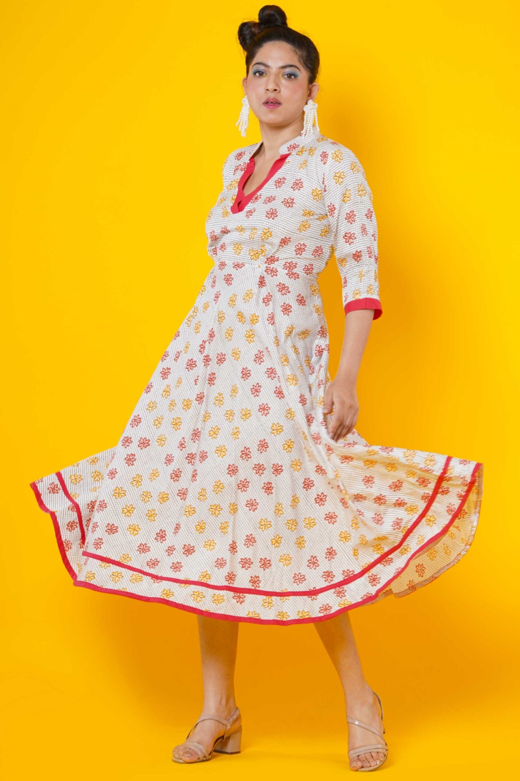 Women Block Printed Cotton Midi Dress In Fuchsia And Yellow