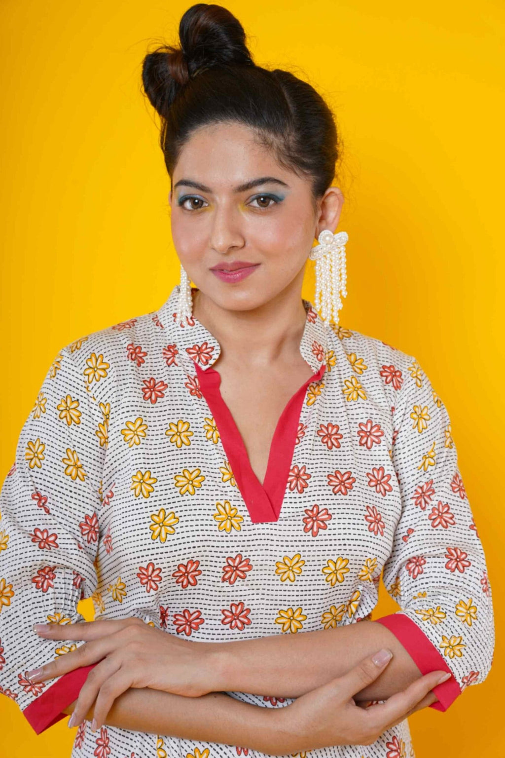 Women Block Printed Cotton Midi Dress In Fuchsia And Yellow