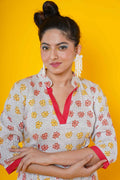 Women Block Printed Cotton Midi Dress In Fuchsia And Yellow