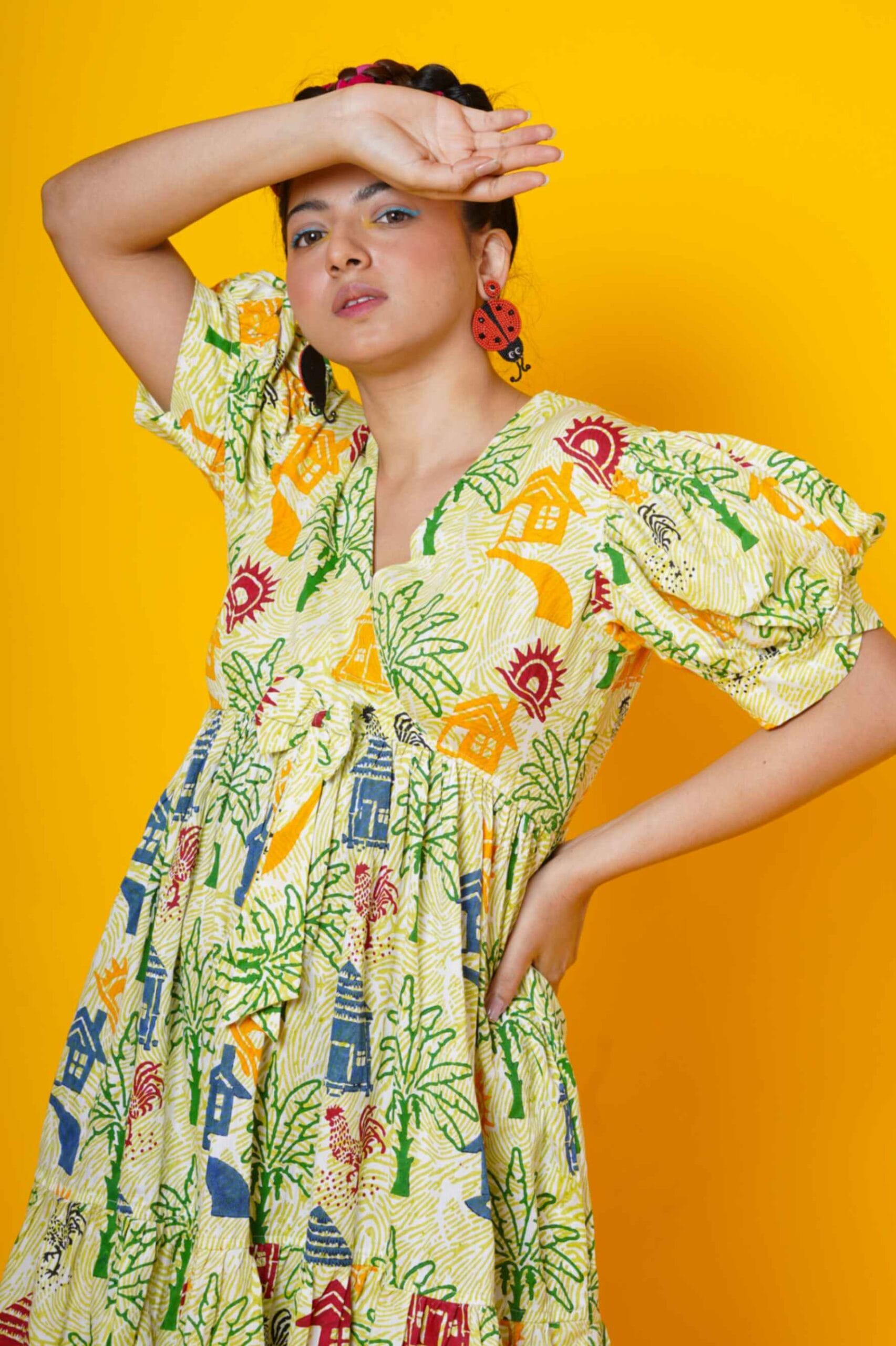 Block Print Village Theme Women Midi Dress