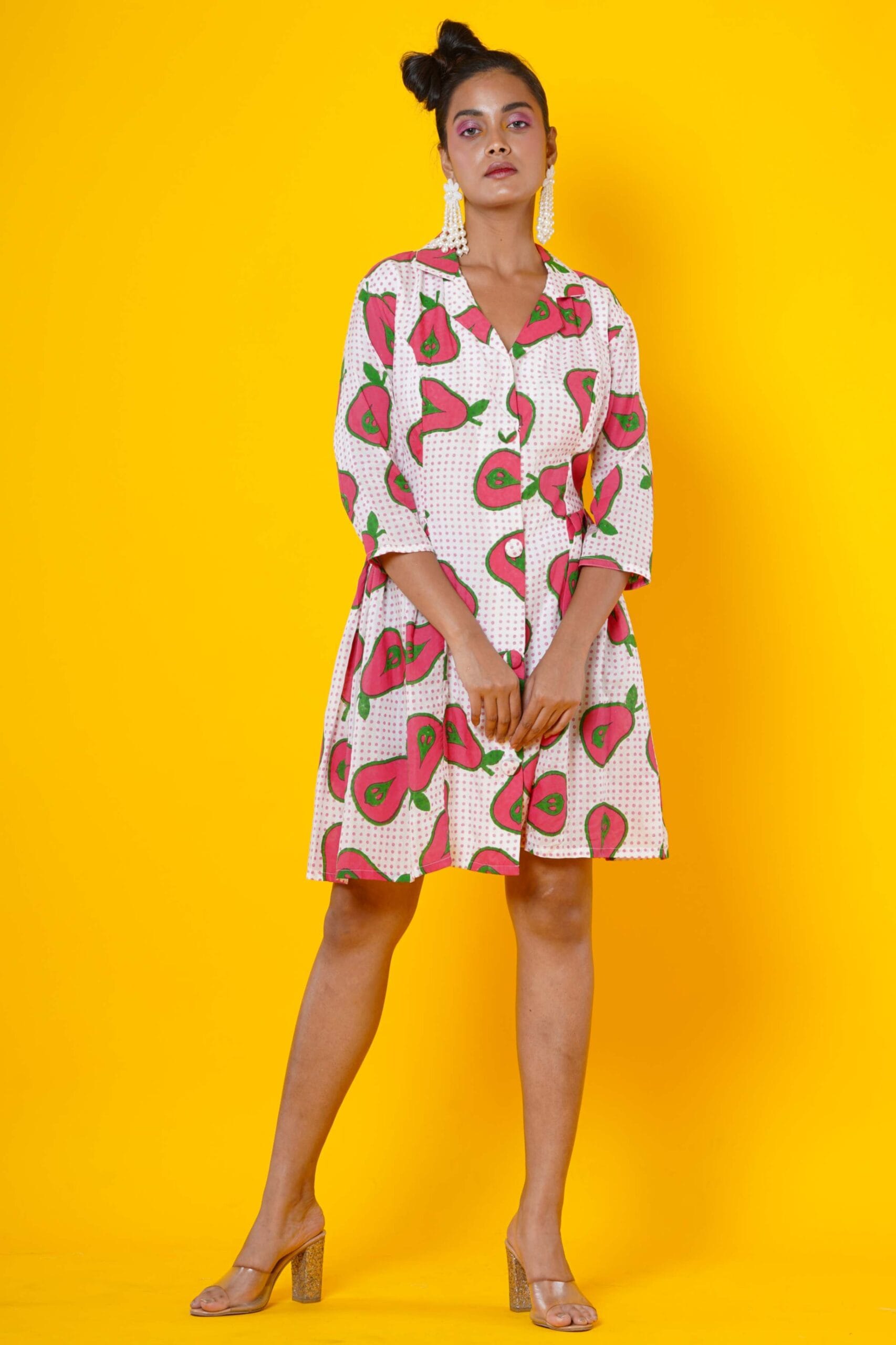 Women Block Print Muslin Midi Dress With Pear Motifs