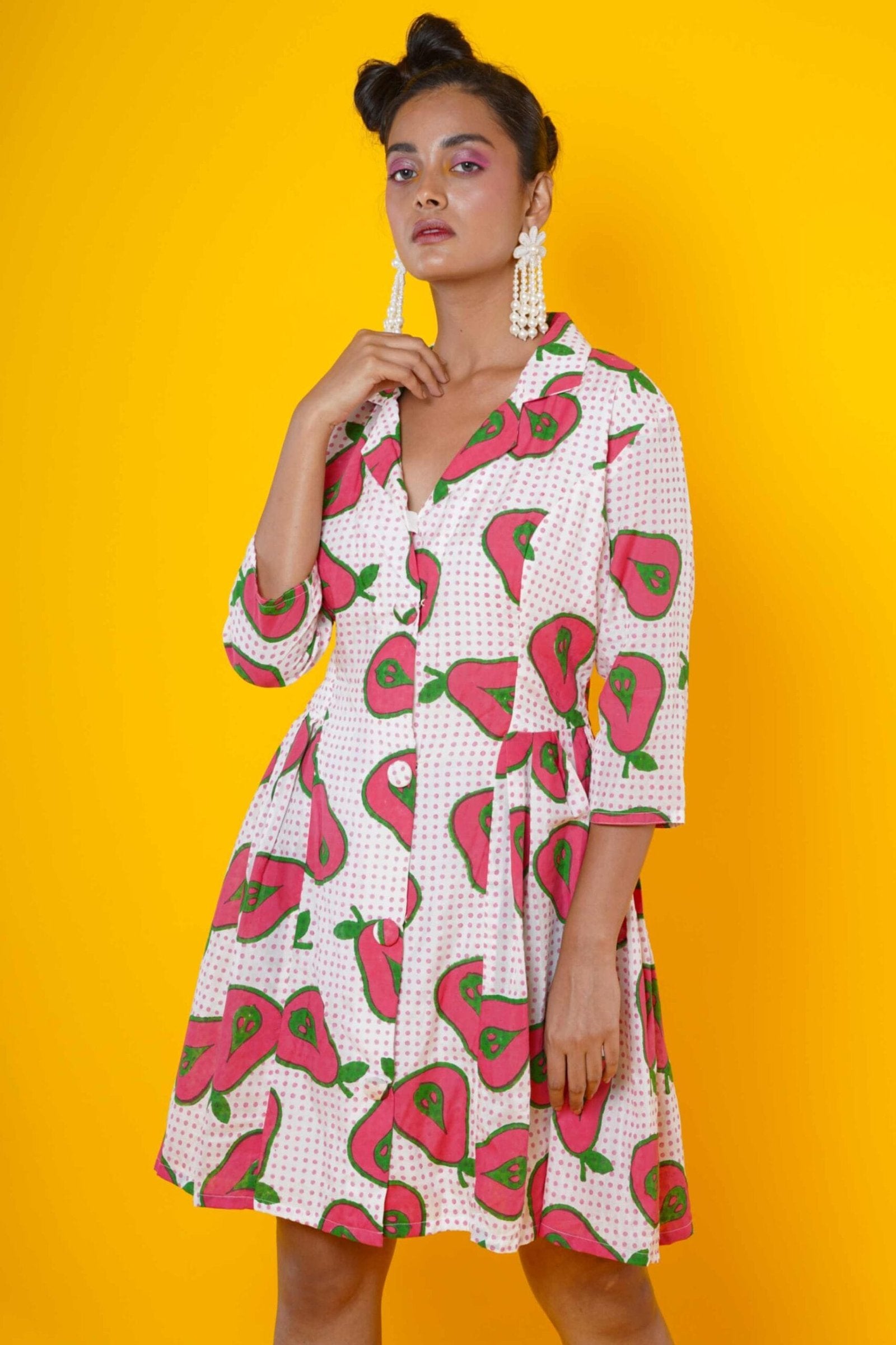 Women Block Print Muslin Midi Dress With Pear Motifs
