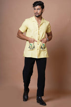 Yellow Cheetah Embroidered Half Sleeves  Casual Mens Shirt