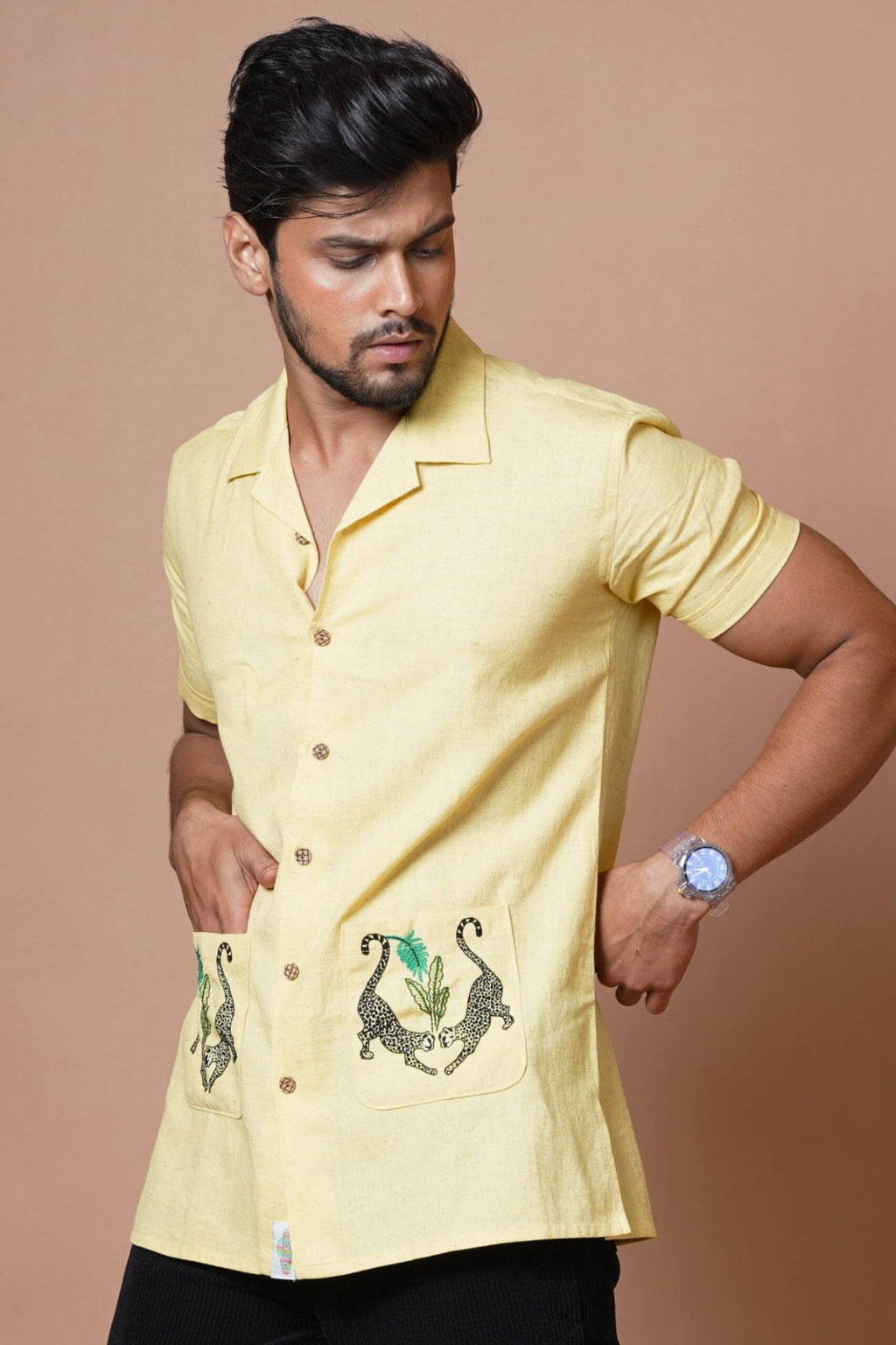 Yellow Cheetah Embroidered Half Sleeves  Casual Mens Shirt
