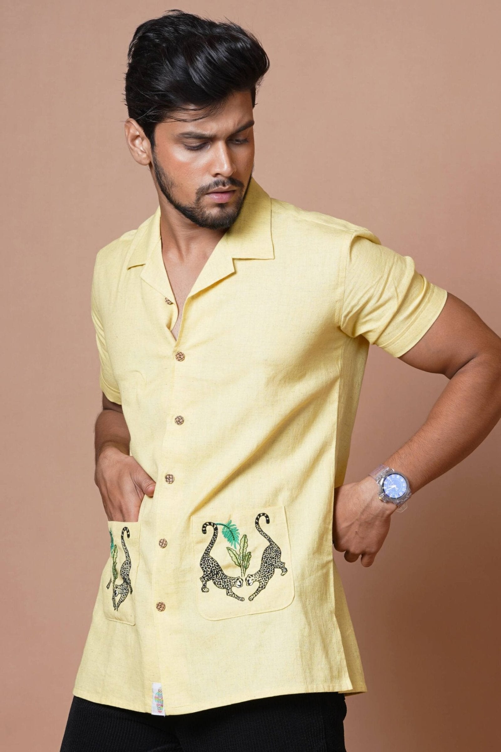 Yellow Cheetah Embroidered Half Sleeves  Casual Mens Shirt