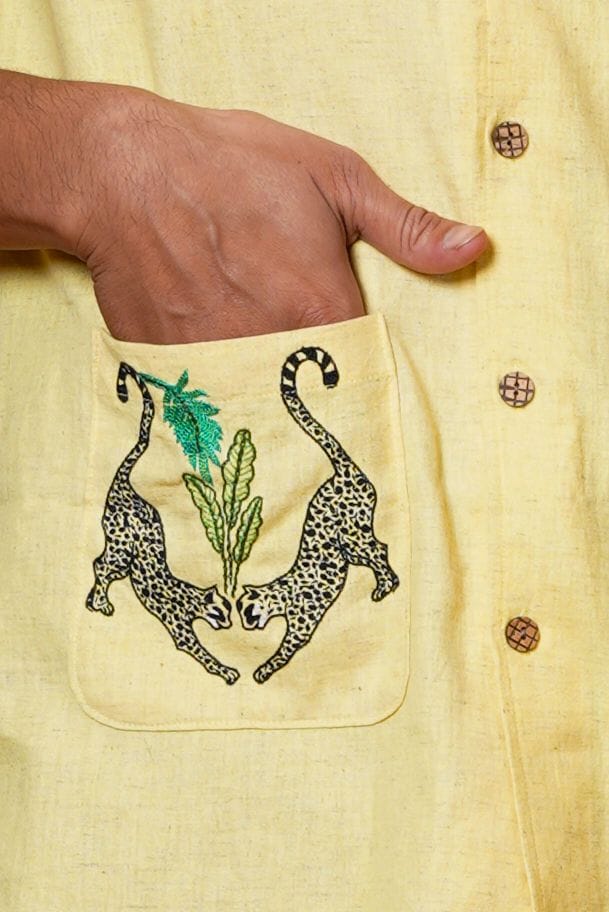 Yellow Cheetah Embroidered Half Sleeves  Casual Mens Shirt