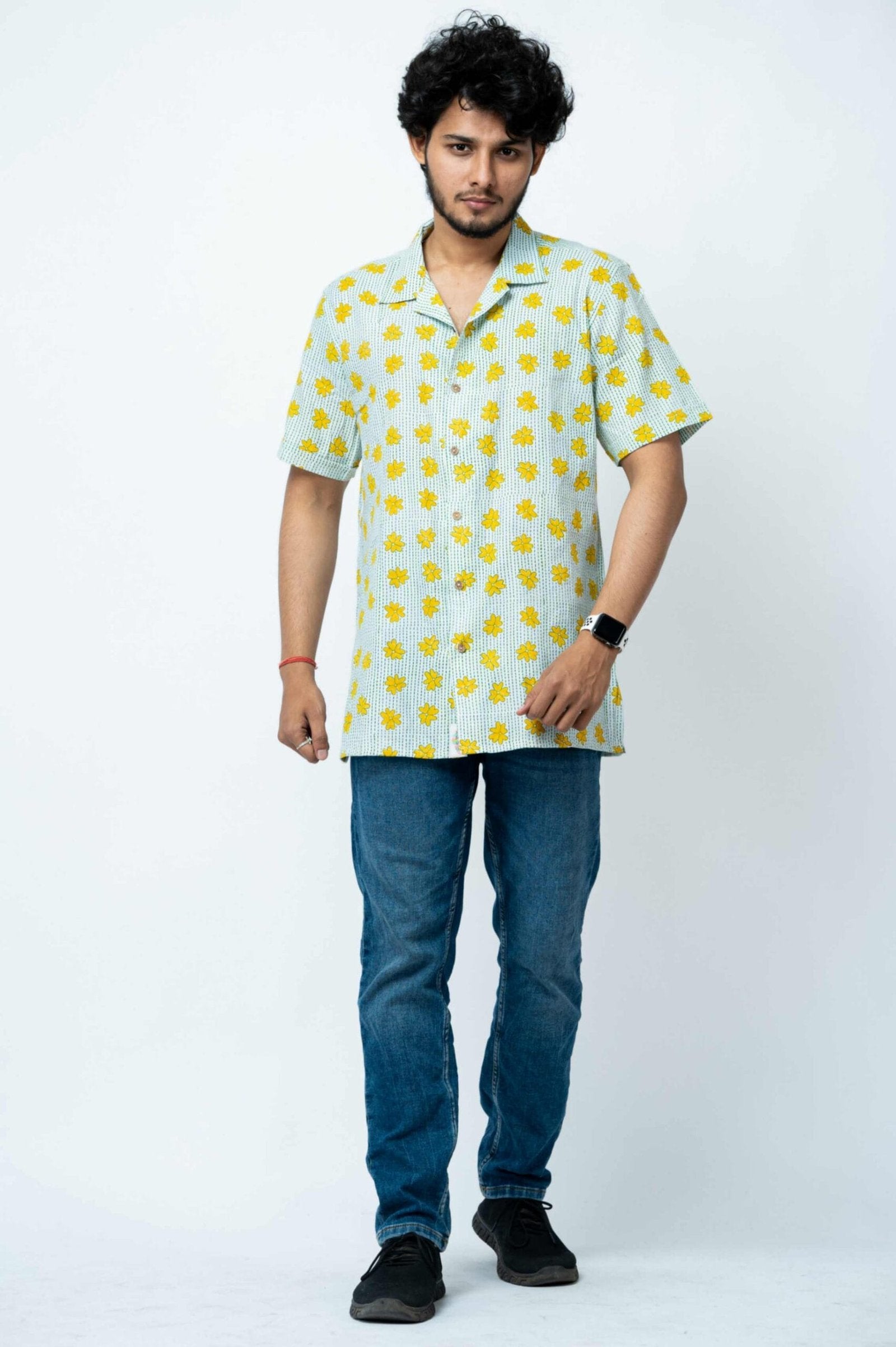 Yellow Floral Print Mens Half Shirt