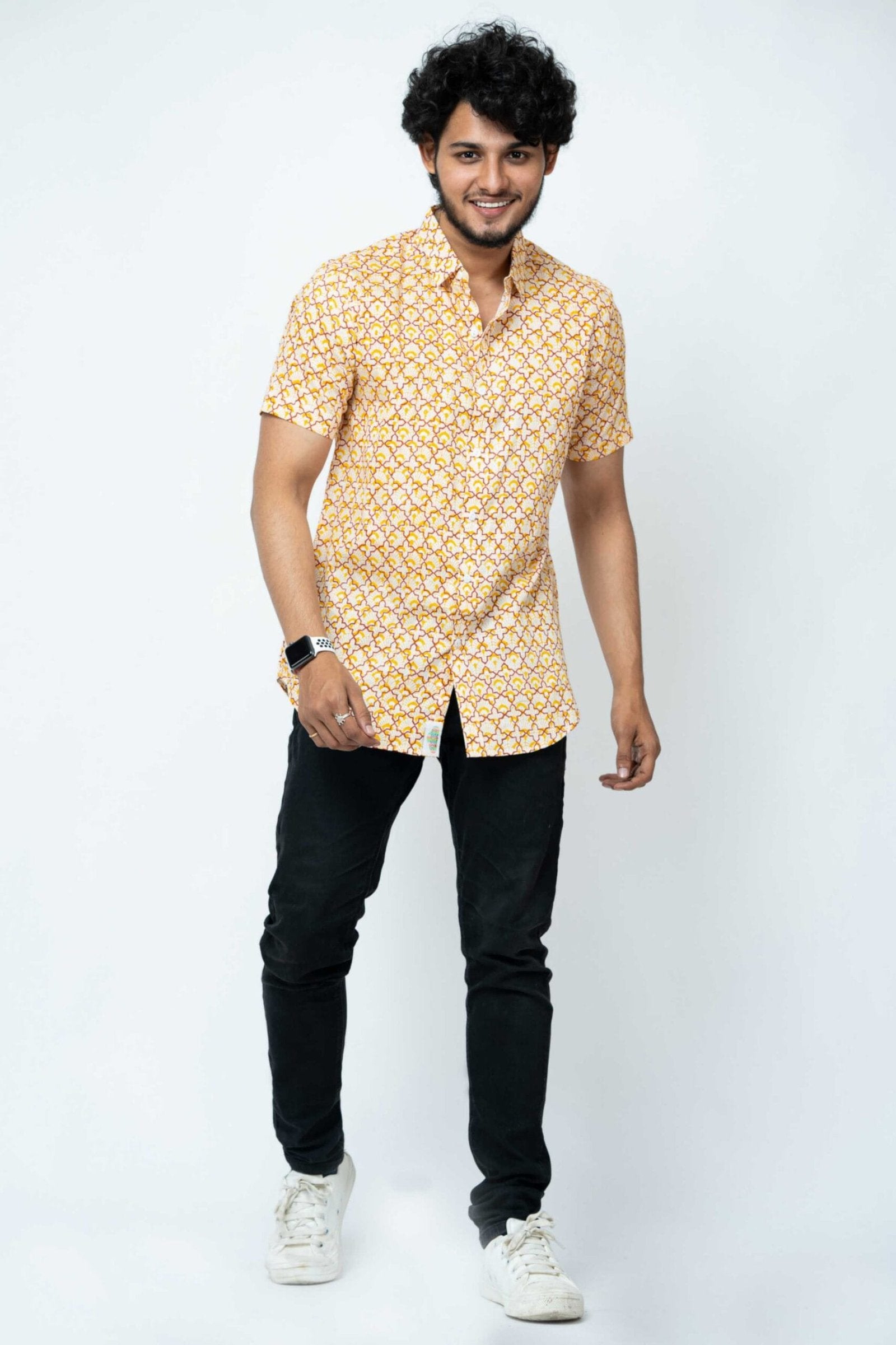 Yellow Mughal Print Mens Half Shirt