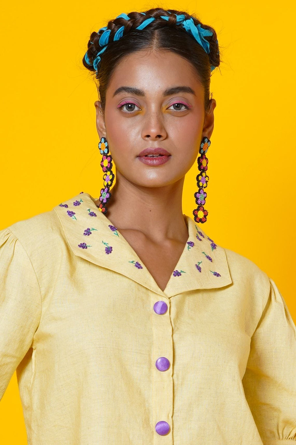 Yellow Lavender Blouse  With Collar Embroidery
