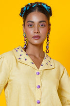 Yellow Lavender Blouse  With Collar Embroidery