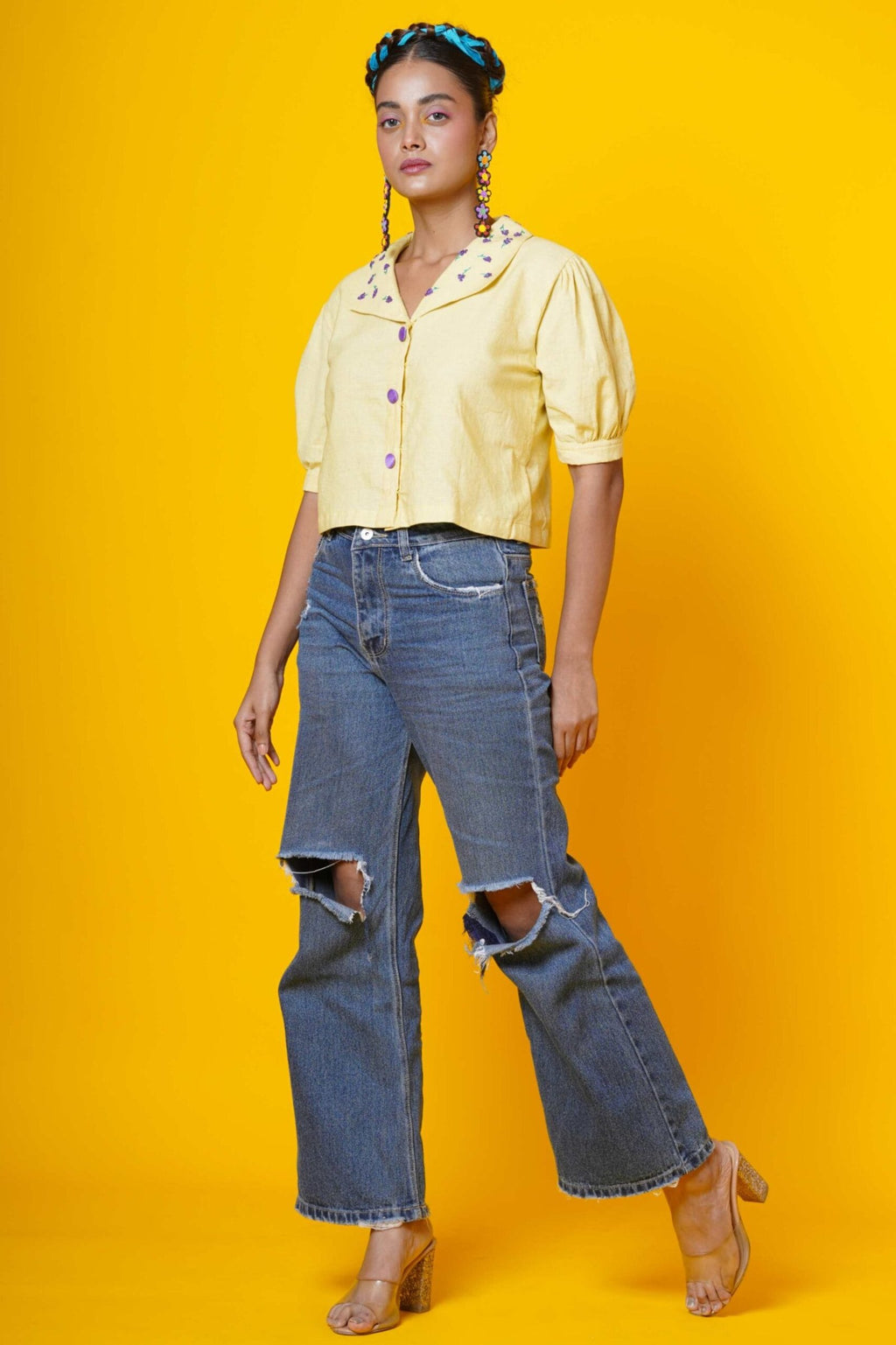 Yellow Lavender Blouse  With Collar Embroidery
