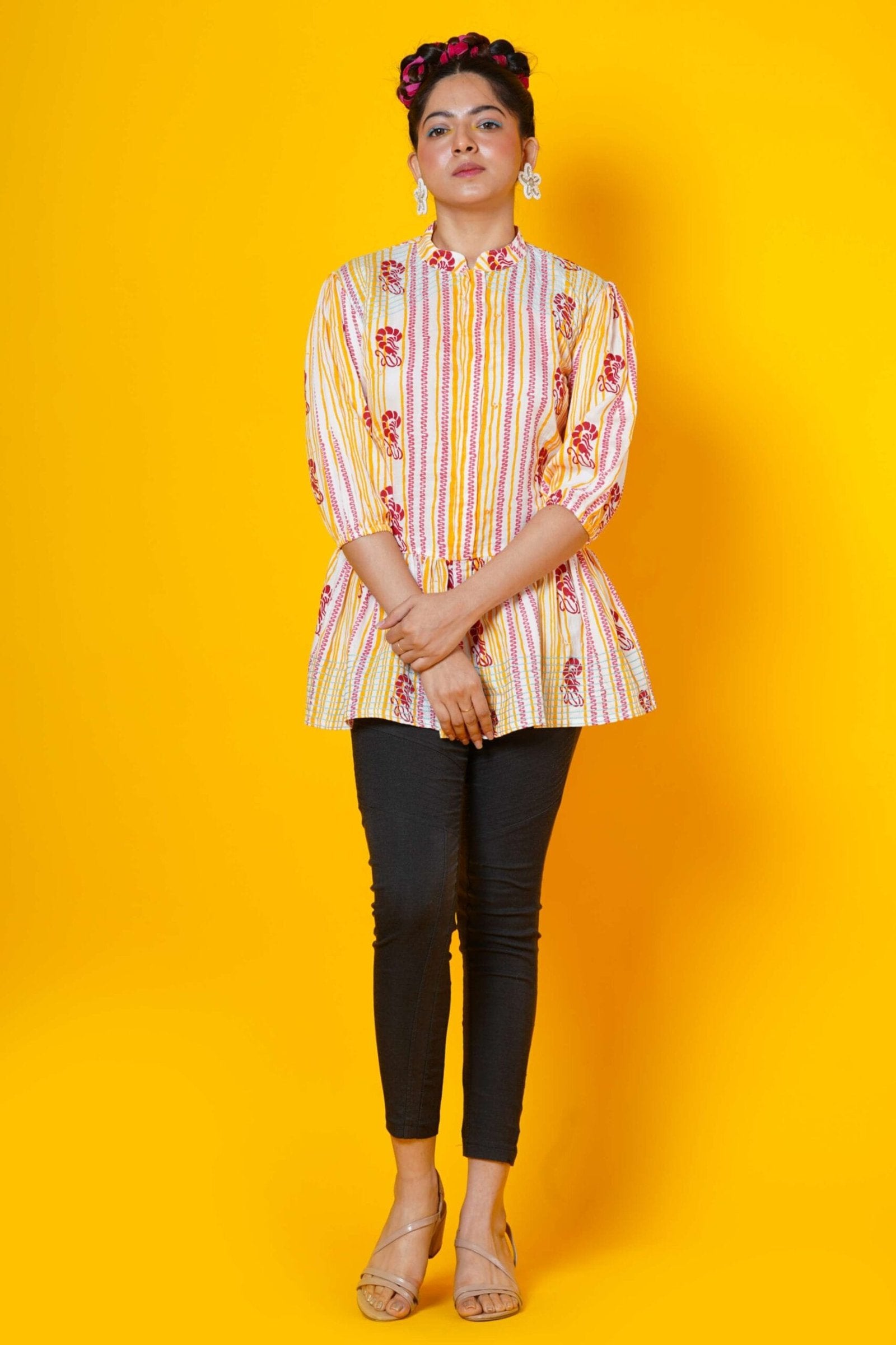 Lobsters Stripes Block Print Cotton Peplum Top