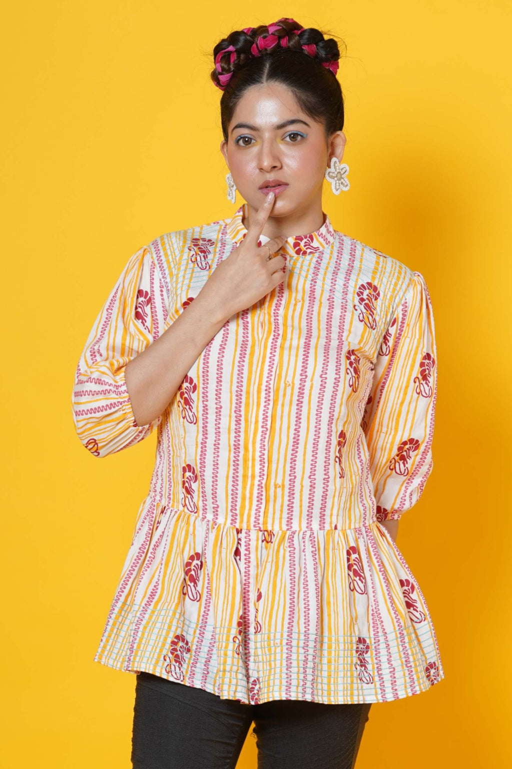 Lobsters Stripes Block Print Cotton Peplum Top