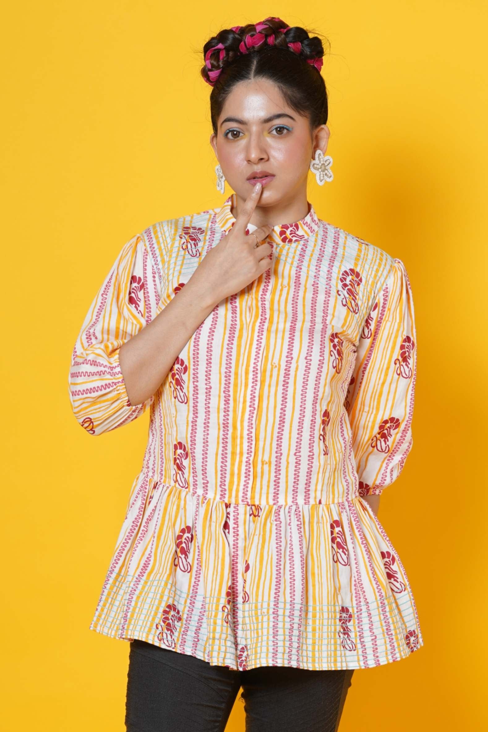 Lobsters Stripes Block Print Cotton Peplum Top