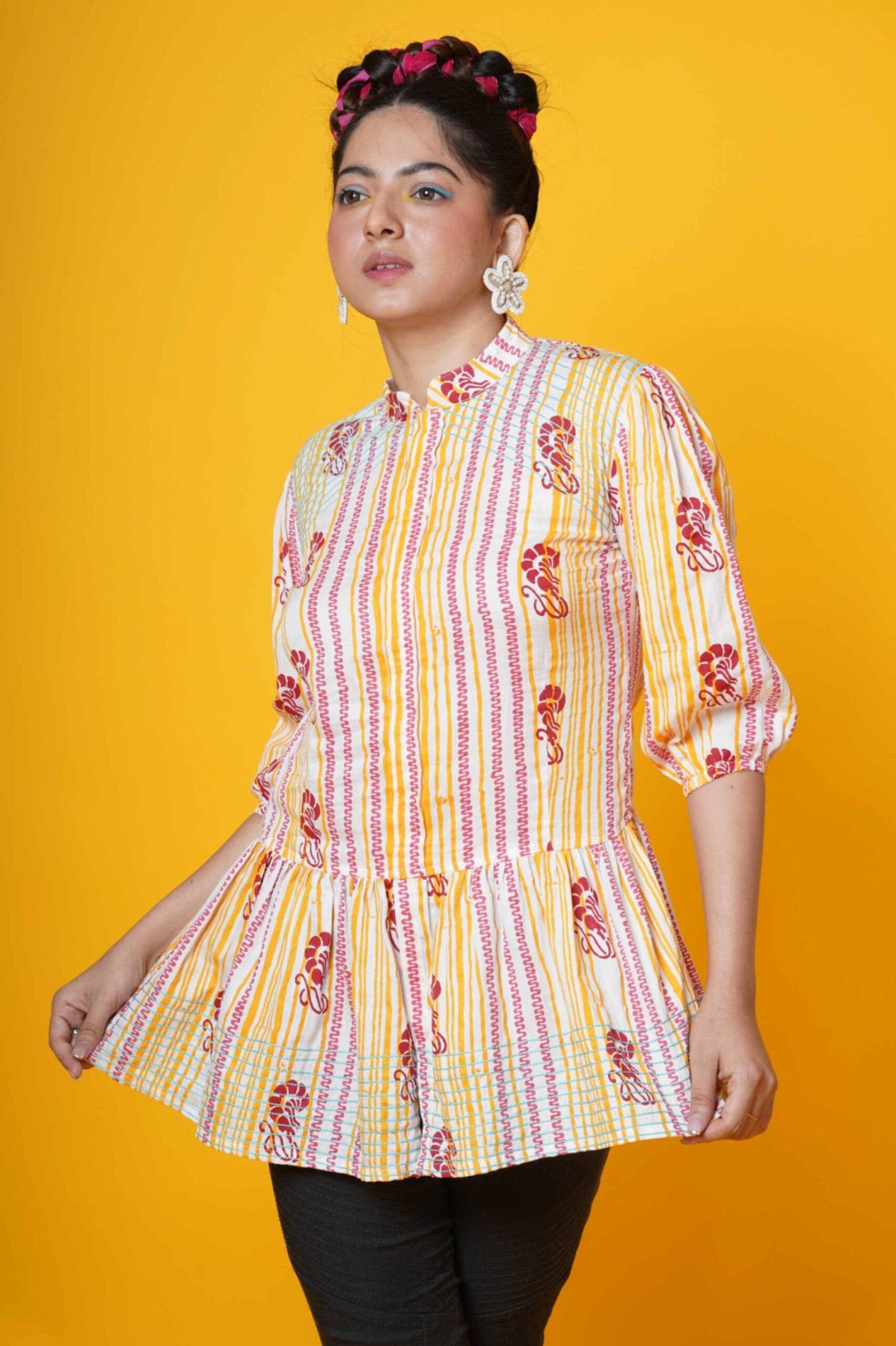 Lobsters Stripes Block Print Cotton Peplum Top