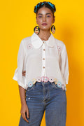 White Cut Work Blouse With Peter Pan Collar