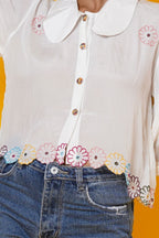 White Cut Work Blouse With Peter Pan Collar