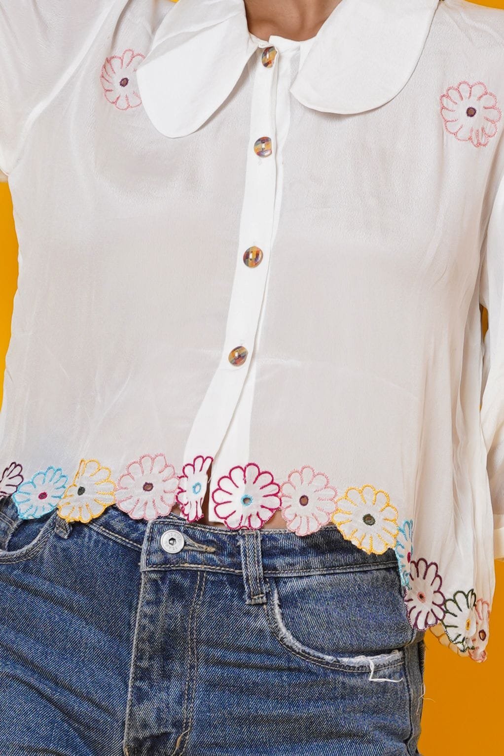 White Cut Work Blouse With Peter Pan Collar