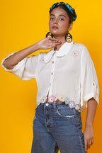 White Cut Work Blouse With Peter Pan Collar