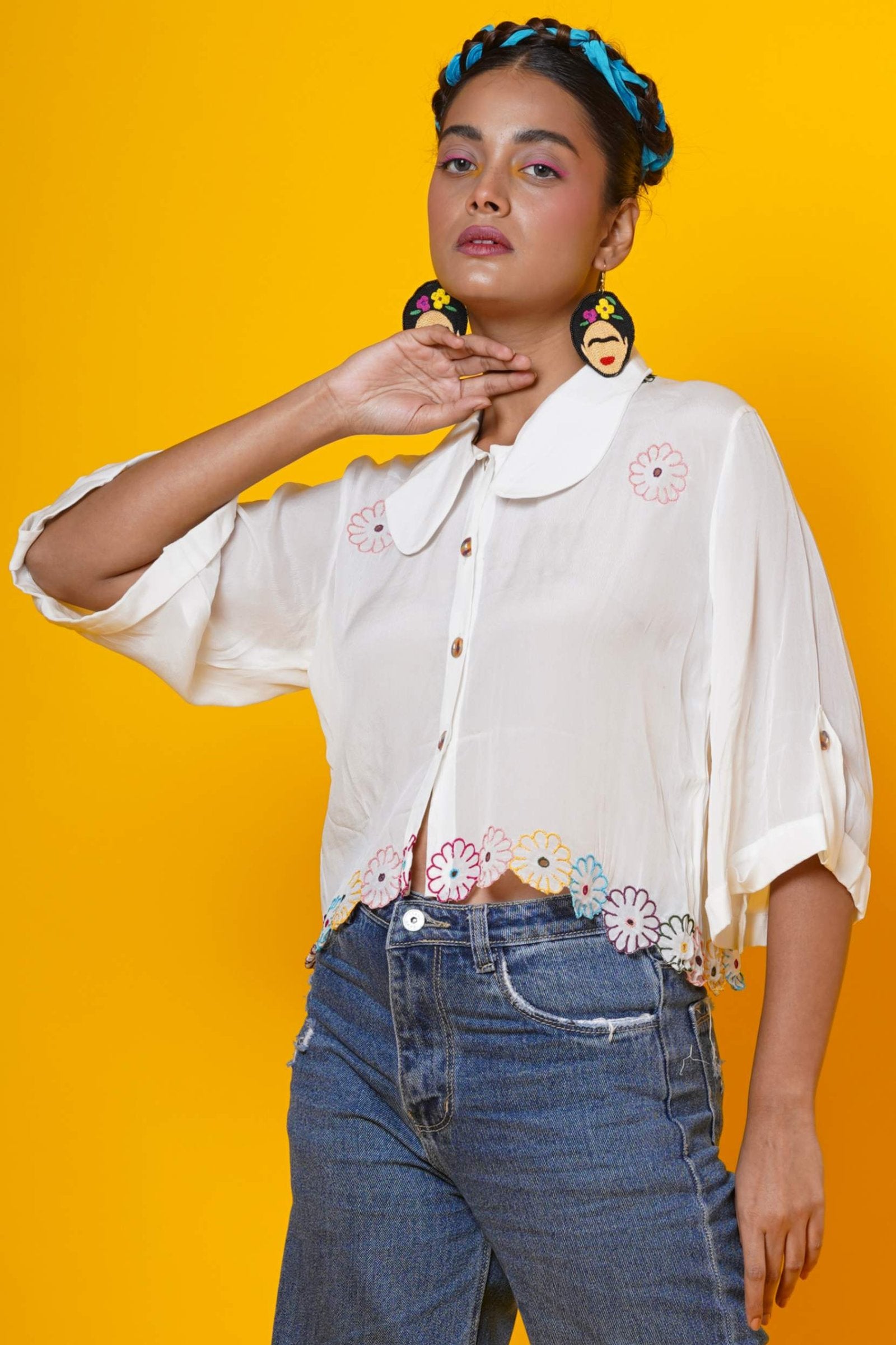 White Cut Work Blouse With Peter Pan Collar