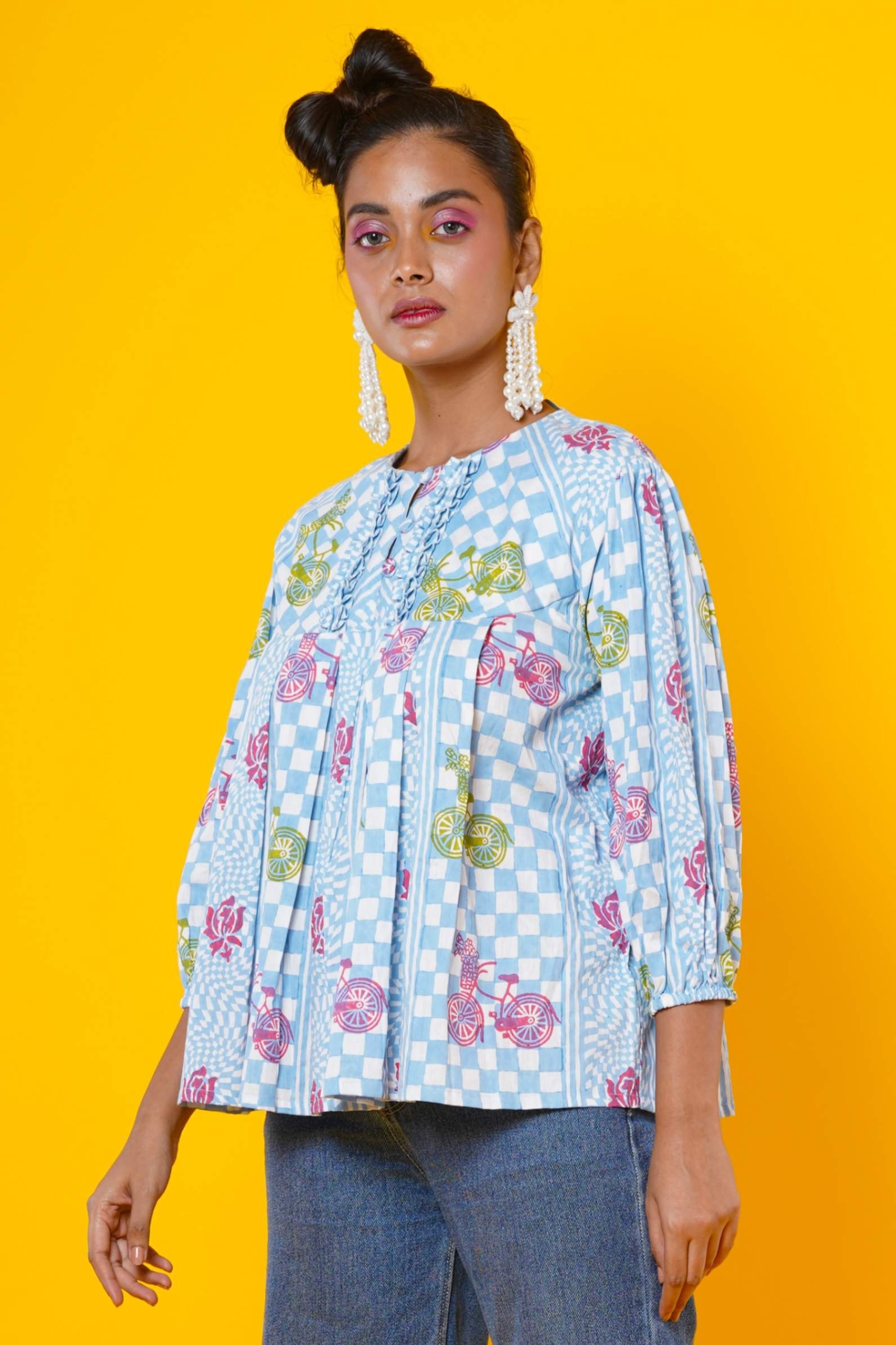 Women Block Print Cotton Peplum Top