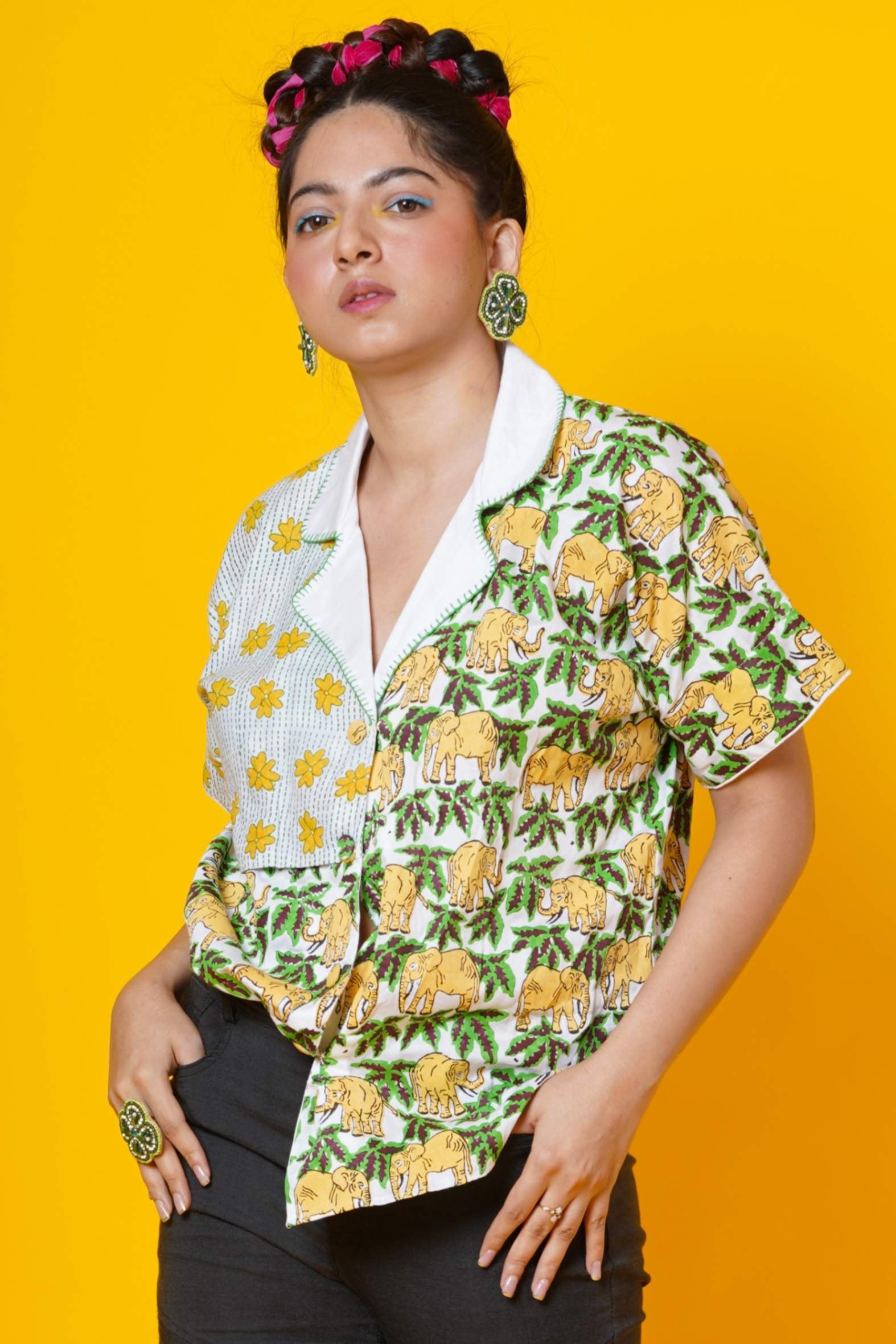 Women Block Print Cotton  Shirt With Elephant Motif