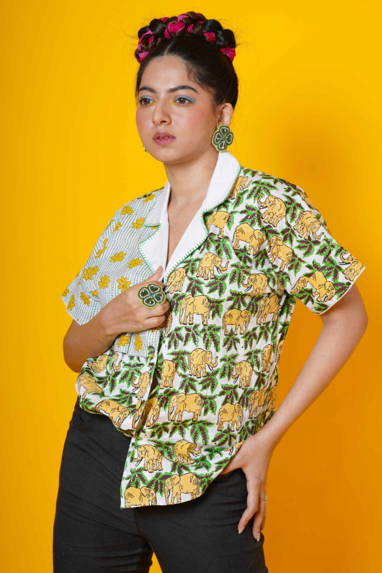 Women Block Print Cotton  Shirt With Elephant Motif