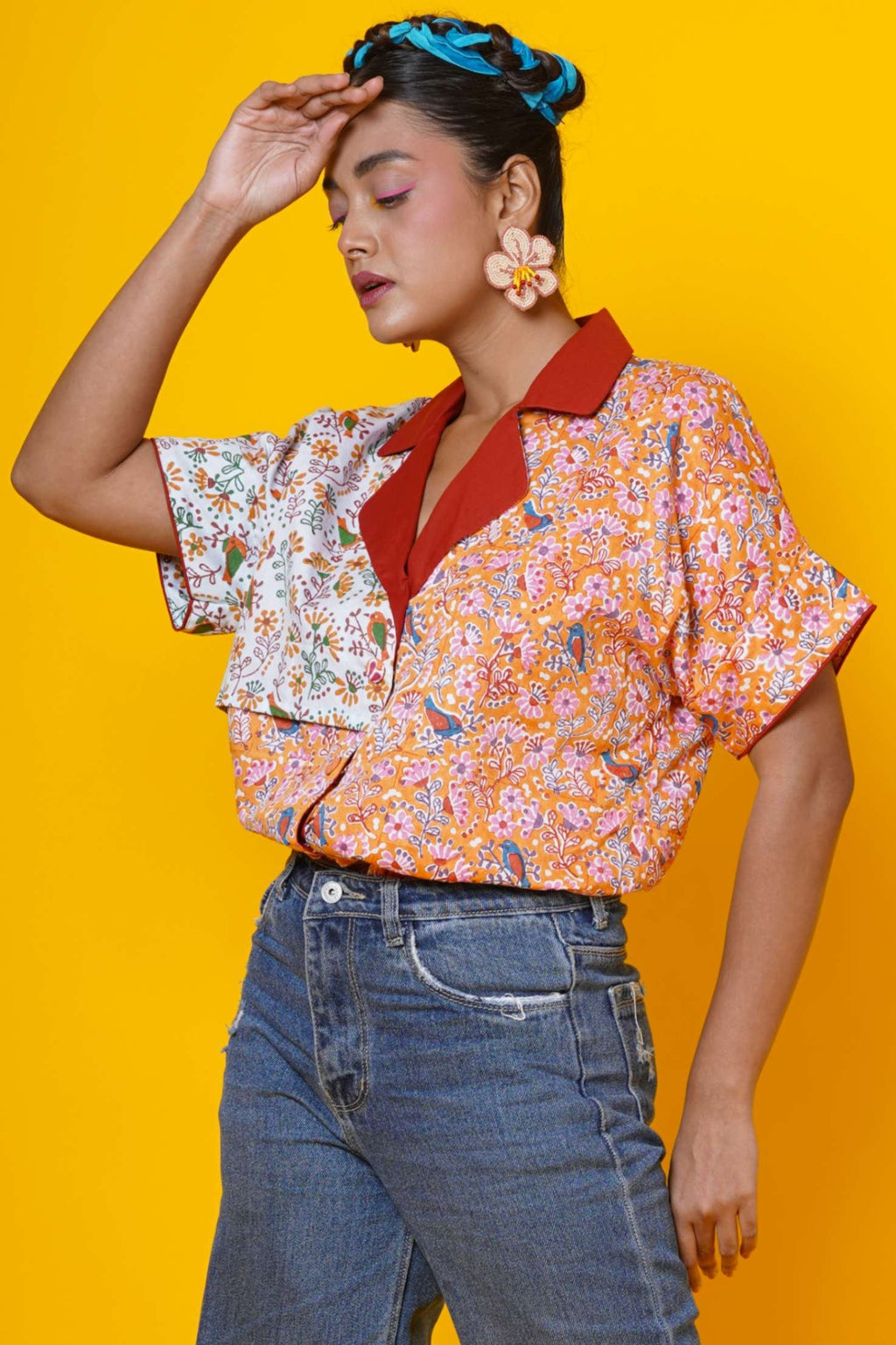 Women Block Print Cotton Shirt In Rust Colour