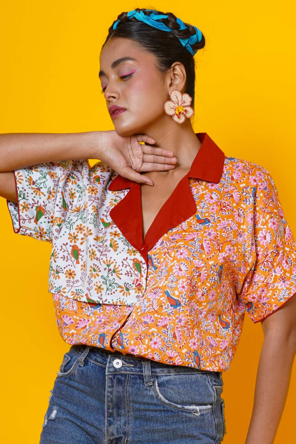 Women Block Print Cotton Shirt In Rust Colour