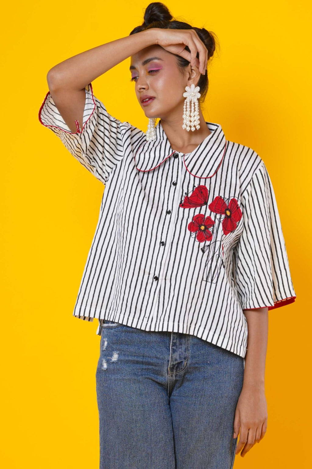 Women Block Print Cotton Shirt With Hand Applique Work