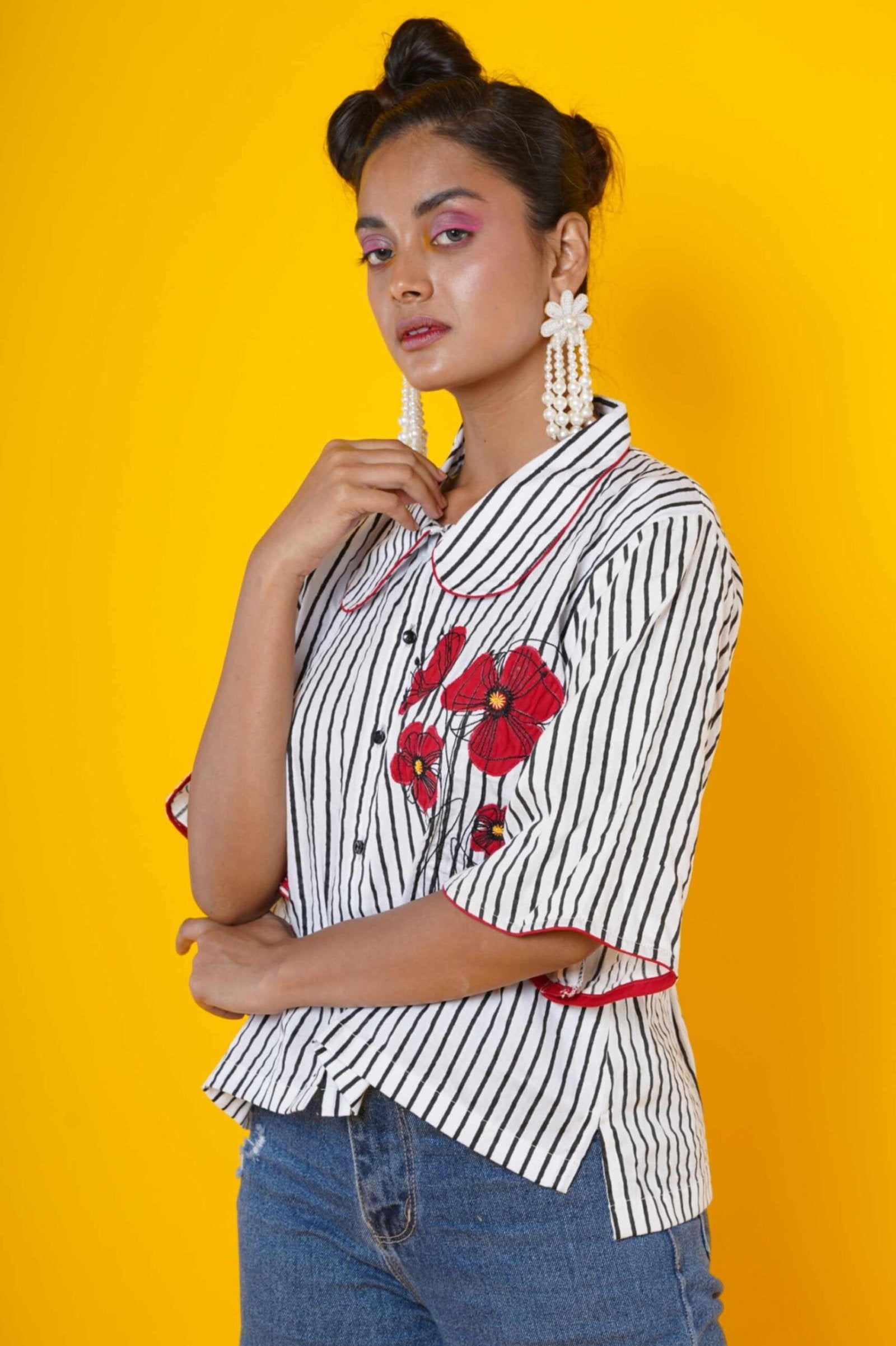 Women Block Print Cotton Shirt With Hand Applique Work