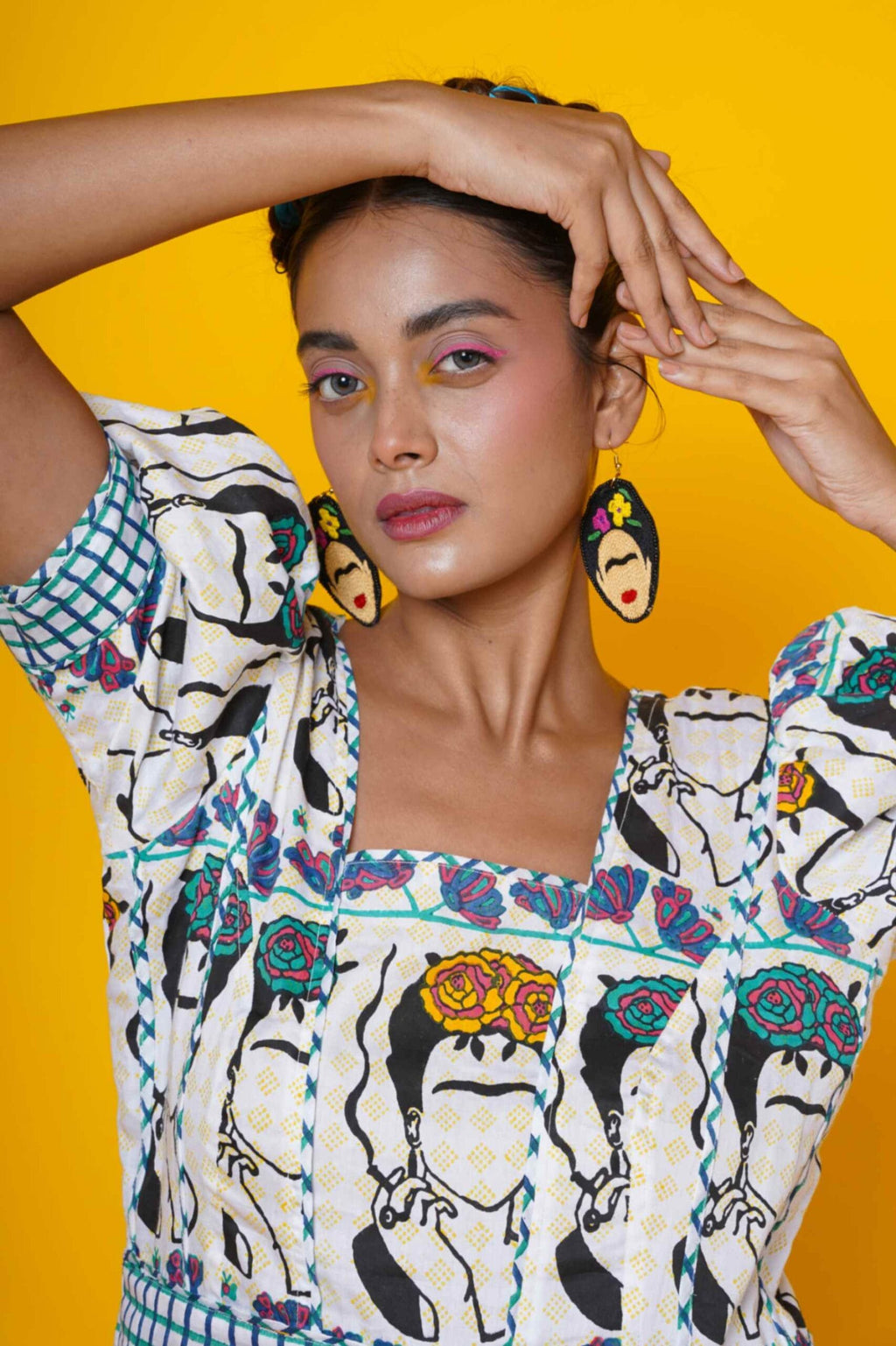Women Block Printed Frida Kahlo Cotton Maxi Dress In Blue And Green