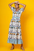 Women Block Printed Frida Kahlo Cotton Maxi Dress In Blue And Green
