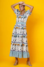 Women Block Printed Frida Kahlo Cotton Maxi Dress In Blue And Green
