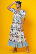 Women Block Printed Frida Kahlo Cotton Maxi Dress In Blue And Green