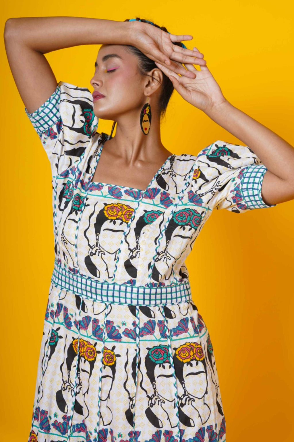 Women Block Printed Frida Kahlo Cotton Maxi Dress In Blue And Green